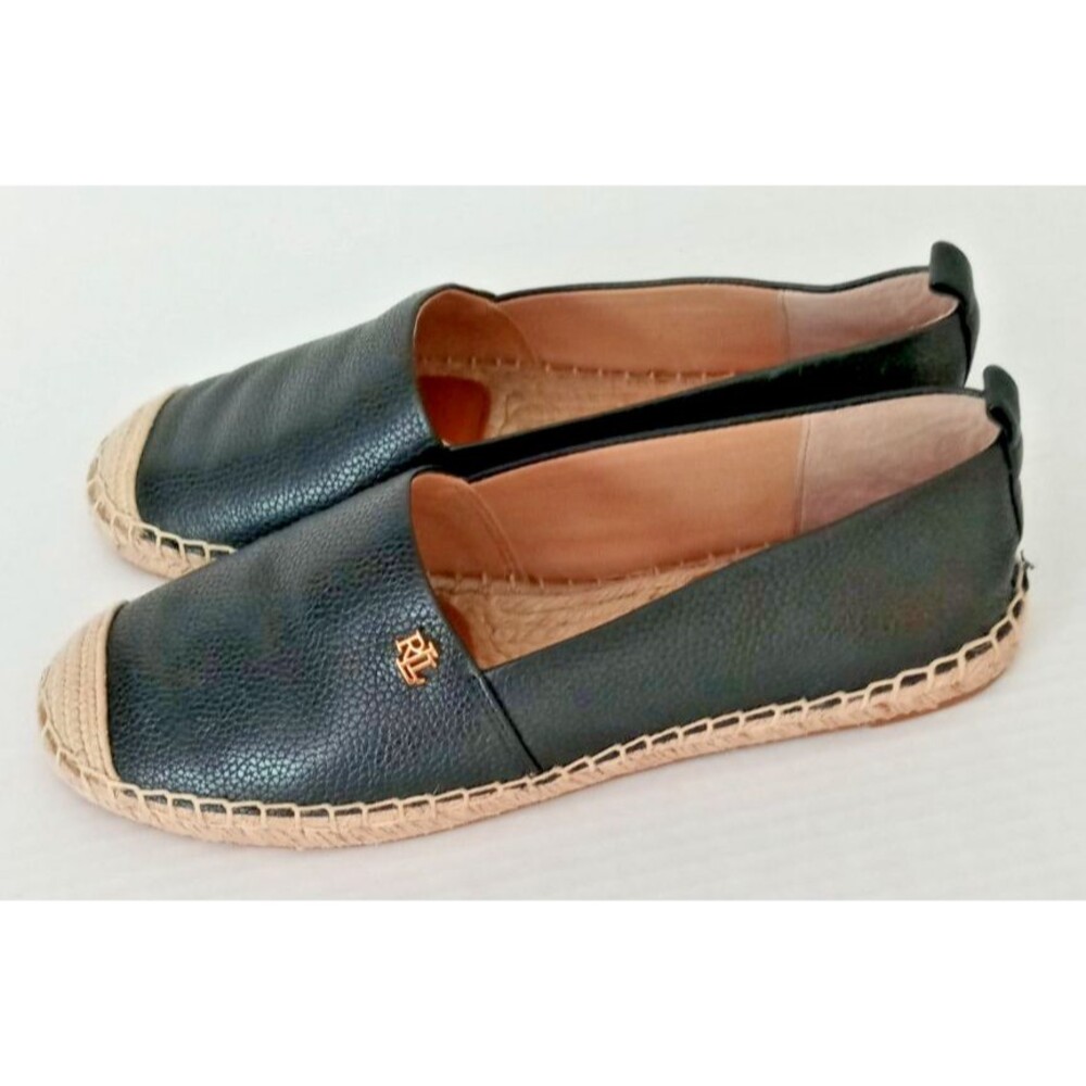 Ralph Lauren Cameryn Shoes Womens 7 Espadrille Flat Leather Black Casual - Picture 3 of 10
